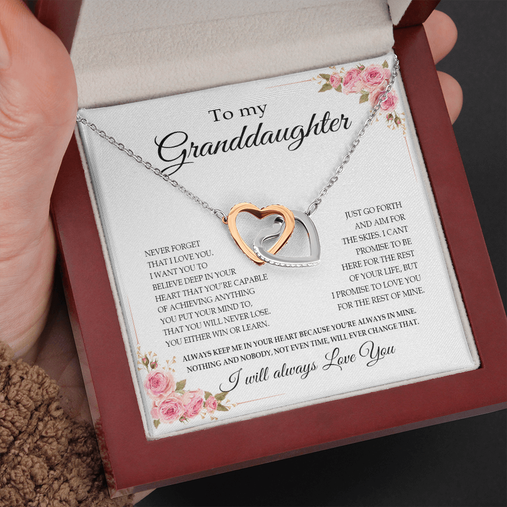 GLAVICY To my Granddaughter Necklace from Grandma Grandparent 14k White Gold Message Card and Box Meaning Gifts Pendant Jewelry Gifts for Daughter Interlocking Heart Necklace